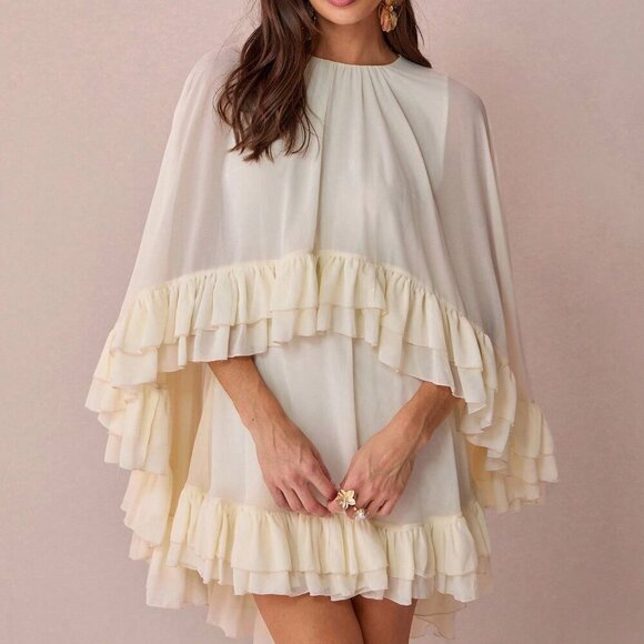 Apricot Boho Womens Romantic Cape Ruffle Hem Mini Dress